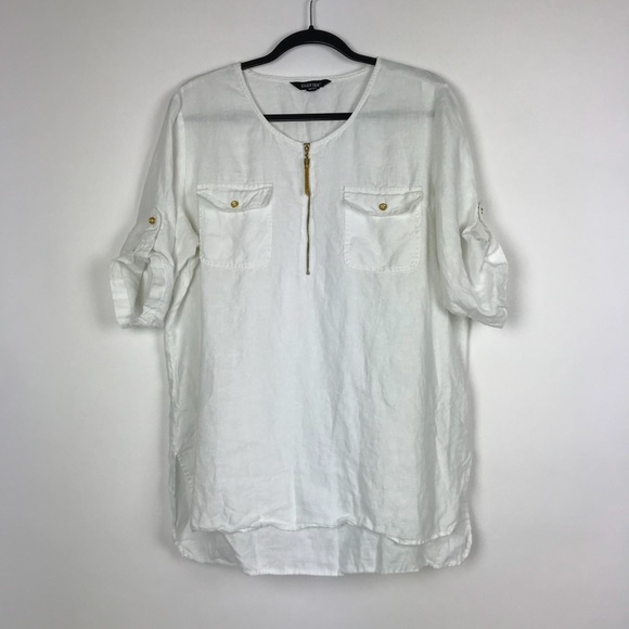 Ellen Tracy Tops - Ellen Tracy | Linen Half Zip Top With Roll Sleeves